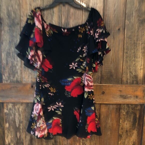 Luxe Apothetique S NWT Black Red Large Floral Mini Flowy Ruffle Light Dress - Picture 8 of 9
